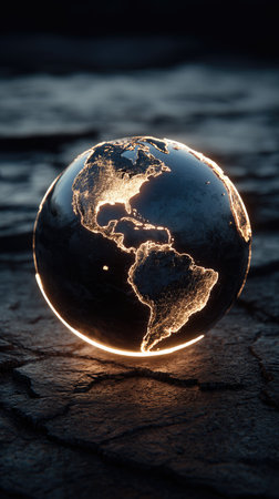 Glowing globe of the Earth sits on rough, dark terrain, continents highlighted in goldの素材