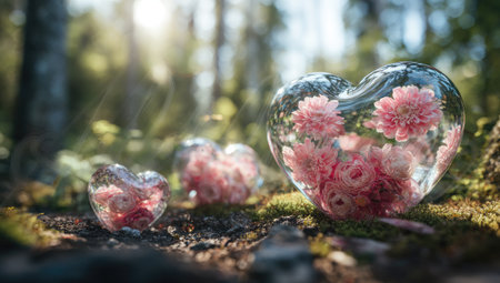 Three heart-shaped glass objects, each filled with pink flowers, sit in a sunlit forestの素材