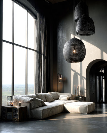 Modern living space with curved window, neutral tones, pendant lights, and sectional sofaの素材