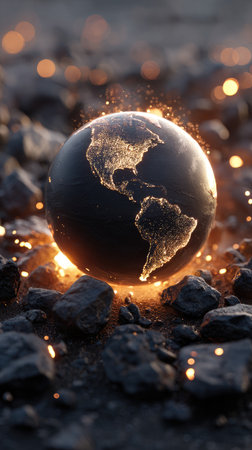Glowing earth sphere engulfed in light and sparks, resting among dark, rocky terrainの素材