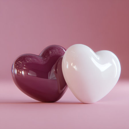Two glossy hearts, one burgundy, one white, rest against each other on a pink backgroundの素材