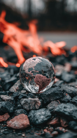 A crystal ball with Earth inside sits on rocks with a fiery backdrop, blurredの素材