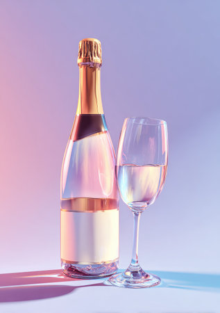 A bottle and glass of sparkling drink in vibrant lighting, against a solid backdropの素材