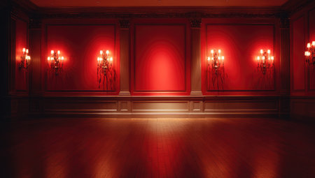Elegant, empty room bathed in red light, with sconces illuminating ornate wall panelsの素材