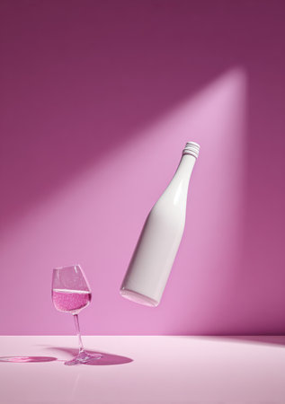 A levitating white bottle &amp; glass of rose, illuminated by a ray on a pink backdropの素材