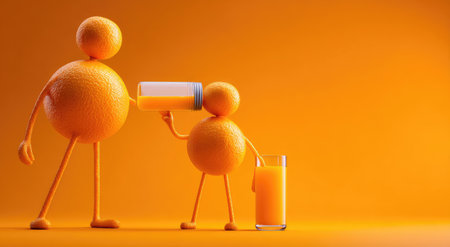 Anthropomorphic oranges, one feeding juice to another, with a glass, on an orange backdropの素材