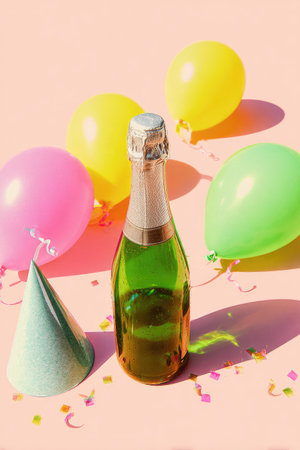 Champagne bottle with balloons and party hat on pastel pink backdropの素材