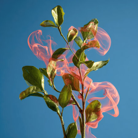 A plant with green leaves has pink smoke swirling behind it, against a bright blue skyの素材