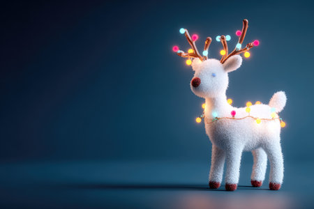 White plush reindeer with colorful lights adorning its antlers and body against a dark backdropの素材