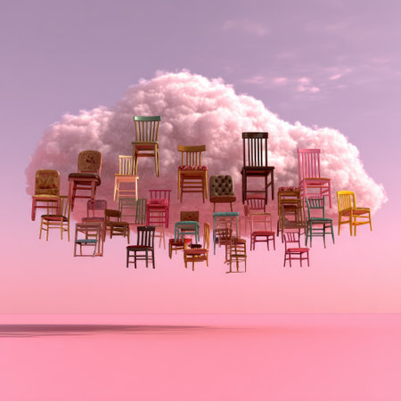 A cluster of varied chairs floats atop a fluffy cloud against a soft pink skyの素材