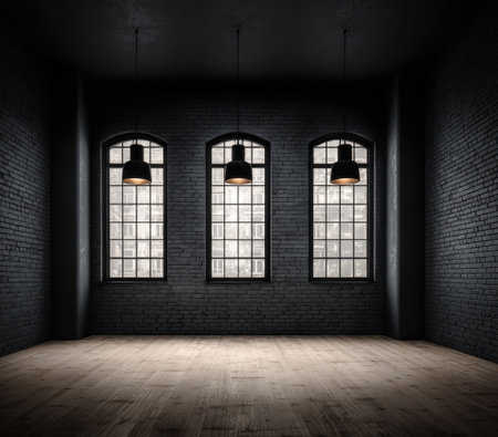 Moody interior, empty room with arched windows, brick walls, and hanging lampsの素材