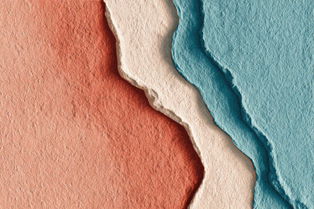 Textured paper layers, torn edges in coral, cream, and blue hues, minimalist compositionの素材