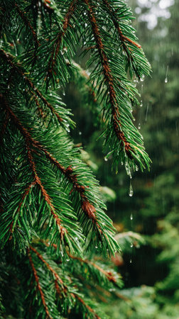 Close-up of wet evergreen boughs in a forest, water drops glisteningの素材