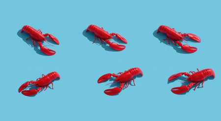 Six red lobster toys arranged on a light blue background, casting shadowsの素材