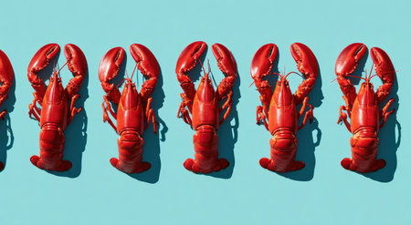 Vivid overhead shot of a repeating pattern of cooked, red lobsters on a teal backgroundの素材