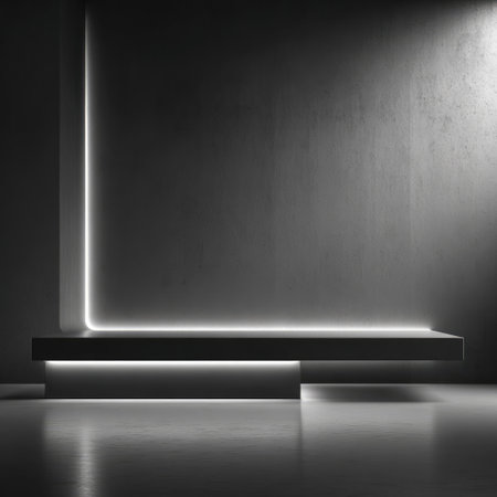 Minimalist concrete room with a floating rectangular platform and vertical lightingの素材