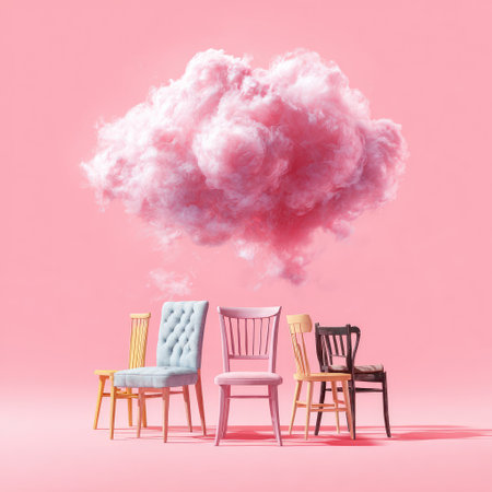 Colorful chairs sit under a fluffy pink cloud against a pink backdrop, surreal &amp; whimsicalの素材