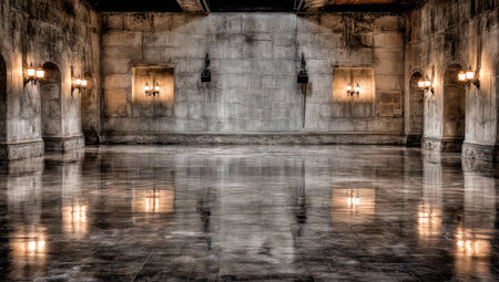 A spacious, ornate hall with stone walls, reflecting floor, lit by sconces and recessed fixturesの素材