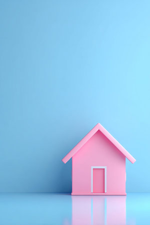 A minimalist pink house with a white door sits against a pastel blue backgroundの素材