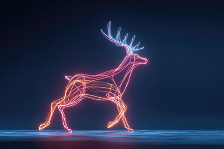 A neon-like deer silhouette glows vibrantly against a dark backdrop, poised in a running stanceの素材
