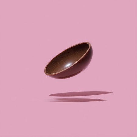 A single, halved chocolate shell floats above a pink background, casting a long shadowの素材