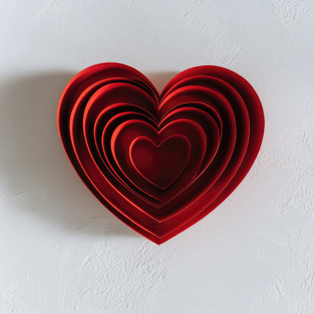 Nesting, red hearts layered on a white, textured background, suggesting depthの素材