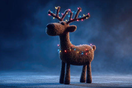 A fluffy, cartoon reindeer adorned with colorful string lights stands in a whimsical, blue settingの素材