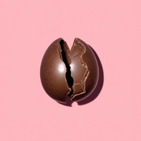 Overhead view of a cracked chocolate egg against a pink background, with shadowの素材