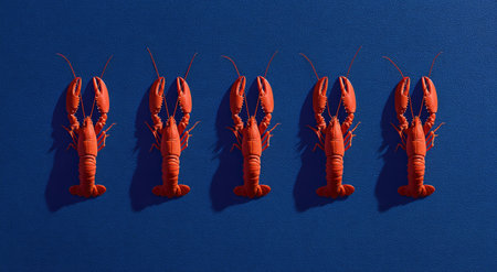 Five orange lobsters arranged in a row on a deep blue surface, casting shadowsの素材