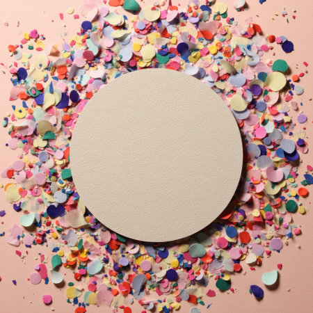 A beige circle sits on a scattered heap of colorful confetti against a soft pink backgroundの素材