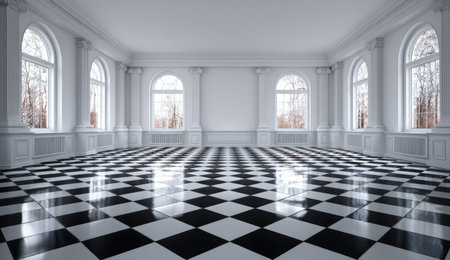 Elegant, empty room with black and white checkered floor, large arched windows, and columnsの素材