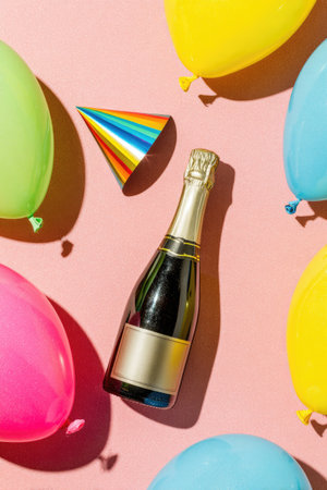 Overhead shot of champagne bottle, party hat, and colorful balloons on a pink backgroundの素材