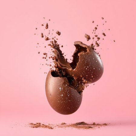 A chocolate egg explodes mid-air, dark pieces &amp; cocoa dust against a pastel pink backdropの素材