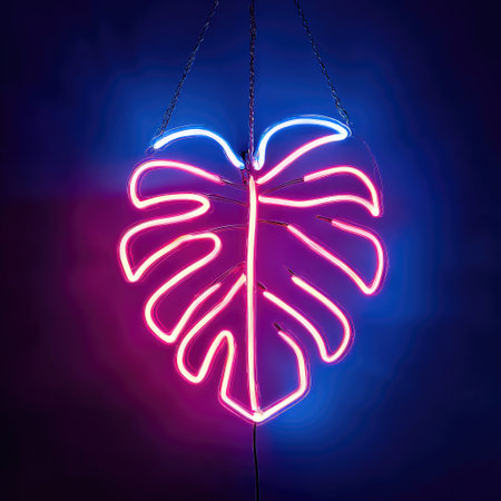 Neon leaf art hangs from chains, glowing pink and blue against a dark, shaded backdropの素材