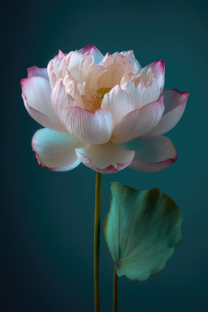 A single lotus blossom with pink-edged petals against a dark teal backdropの素材