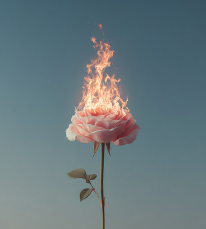 A rose, its petals burning with flames, against a clear blue skyの素材