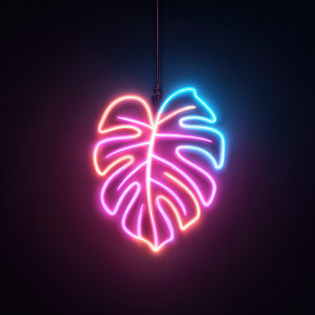 Glowing neon monstera leaf suspended by a thin wire against a dark backgroundの素材