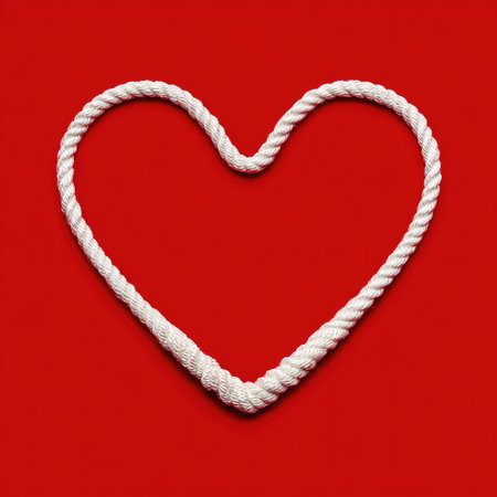 A white rope heart, centered on a rich red background. Simple, striking designの素材