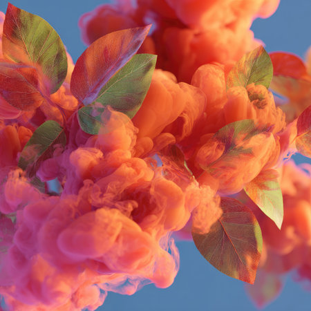 Abstract art showing orange billowing smoke with green leaves set against a blue backdropの素材