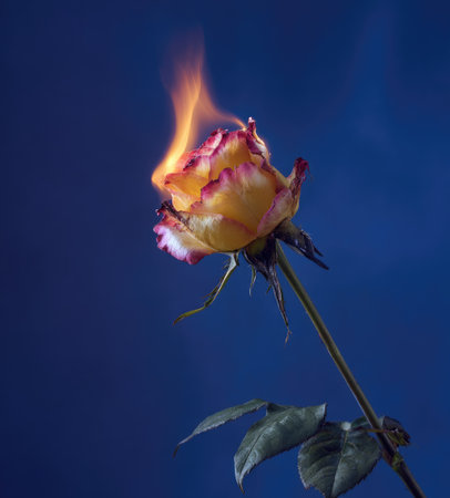 A rose, aflame, displays vibrant petals against a deep blue backgroundの素材