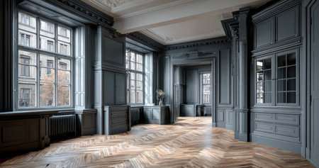 Elegant interior of a grand hall, featuring ornate woodwork and large windows with autumnal viewsの素材