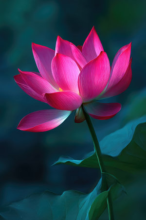 Vibrant pink lotus flower in full bloom, set against a dark, blurred backgroundの素材