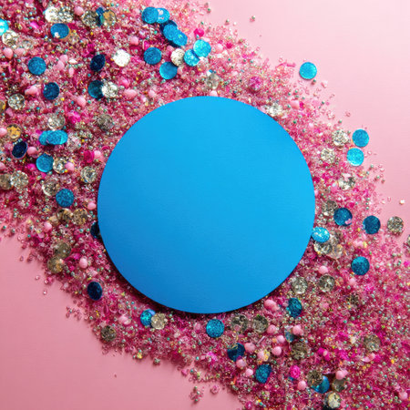 A bright blue circle floats above pink granules and sparkly confetti on a pink surfaceの素材
