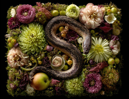 A coiled snake rests amongst vibrant, detailed flowers, moss, and an apple. Dark backgroundの素材