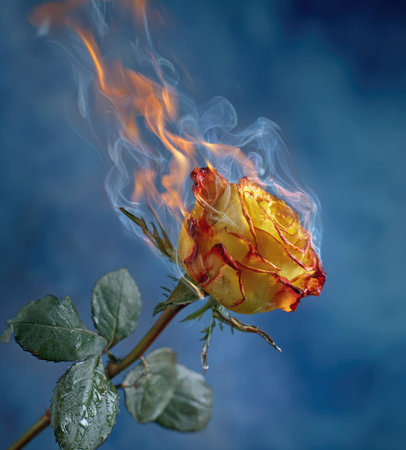 A flaming rose with yellow petals, green stem, against a blurred blue backgroundの素材