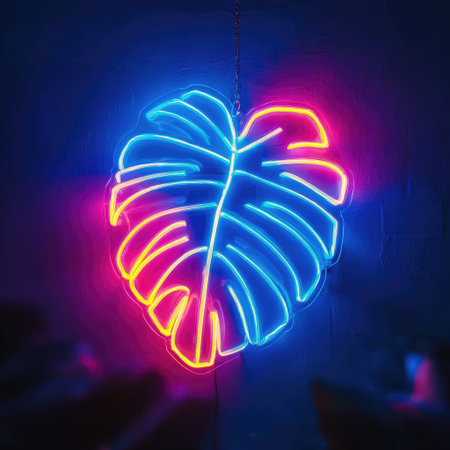 Neon leaf art a vibrant, split-color, tropical-themed sign glows against a dark wallの素材
