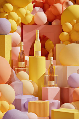 Champagne bottles artfully arranged on geometric forms amongst pastel-colored spheresの素材