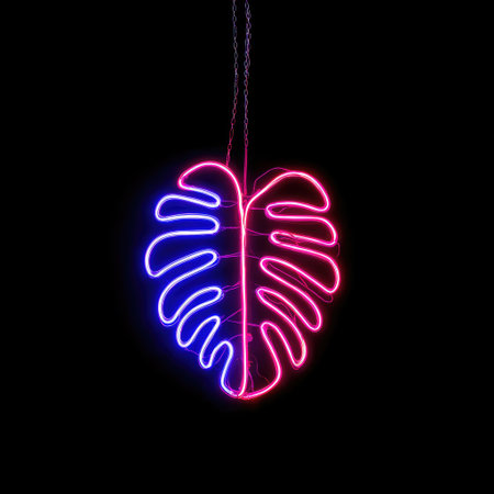 Glowing neon leaf pendant, halved in blue and pink, suspended against blackの素材