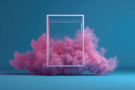 A square frame floats above a cloud of pink smoke on a gradient teal backdropの素材