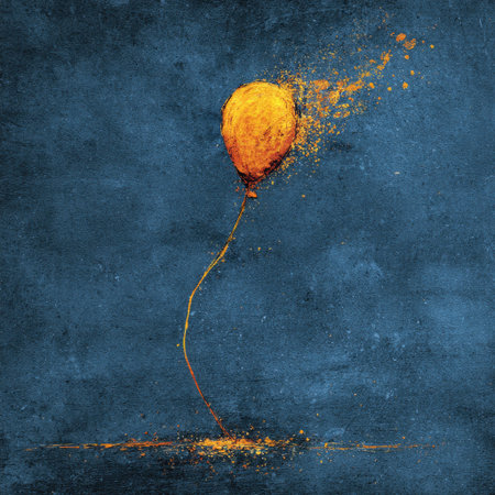 A yellow balloon dissolving into particles against a textured blue backgroundの素材